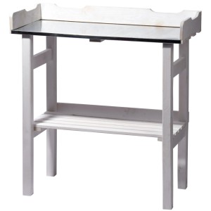 Weißer Pflanztisch aus Kiefernholz mit verzinkter Arbeitsfläche für Gewächshaus-Zubehör.