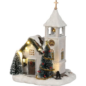 Beleuchtete Miniatur Kirche (L14xB15xH20 cm) als Weihnachtsdekoration mit Tannenbaum und goldenen Details.