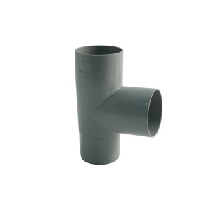 Grauer Marley Fallrohr-Abzweig 87 Grad DN 53/53 für Kunststoff-Dachrinnen.