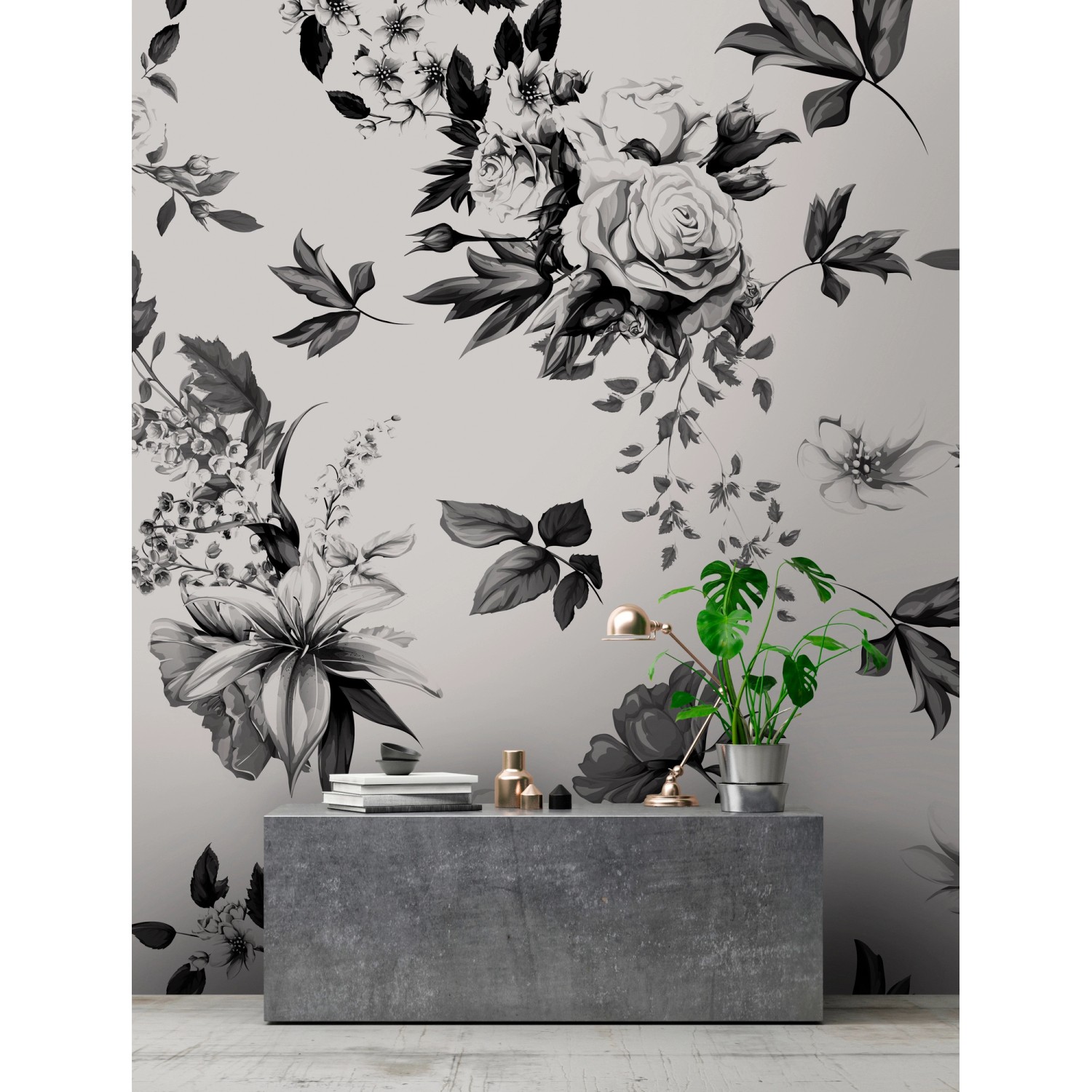 Fototapete Blumen Schwarz-Weiß, florales Muster, 5,00x2,70m, für stilvolle Wandgestaltung.
