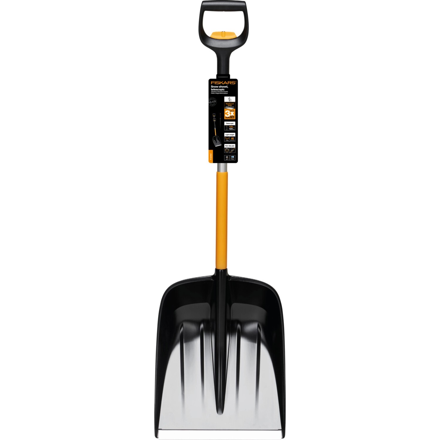 Fiskars Schneeschaufel Telescopic X-series mit D-Griff und verstellbarem Stiel.