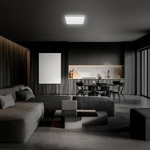Brilo LED-Deckenleuchte Lino, quadratisch, schwarz, mit Sternenhimmel-Effekt in modernem Wohnraum.