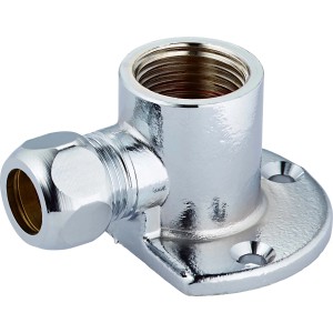 Verchromte Wandquetschverschraubung, 12 mm, Winkel, mit Wandscheibe und Gewindeanschluss.