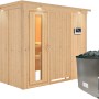 Karibu Sauna Gunda mit Ofen und LED-Dachkranz aus naturbelassenem Fichtenholz.