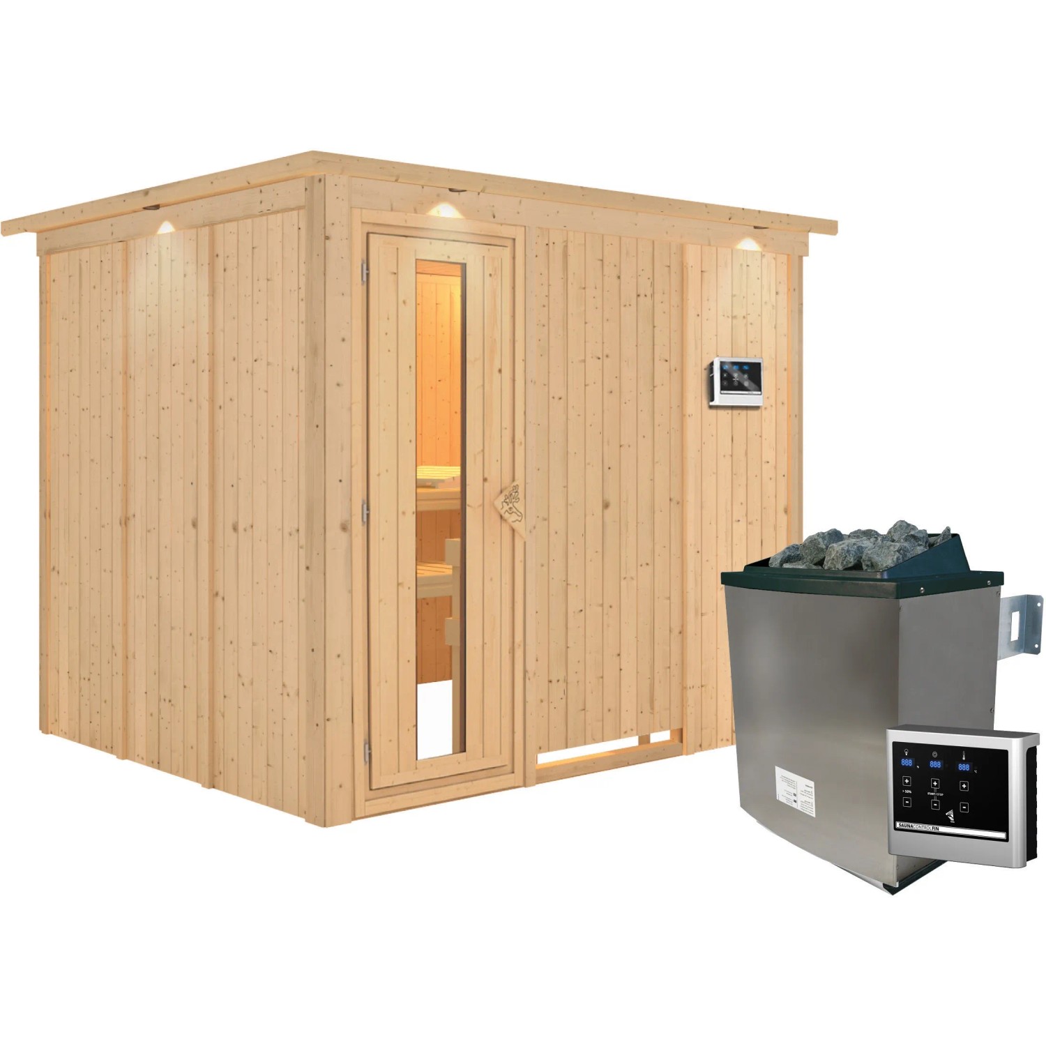 Karibu Sauna Gunda mit Ofen und LED-Dachkranz aus naturbelassenem Fichtenholz.