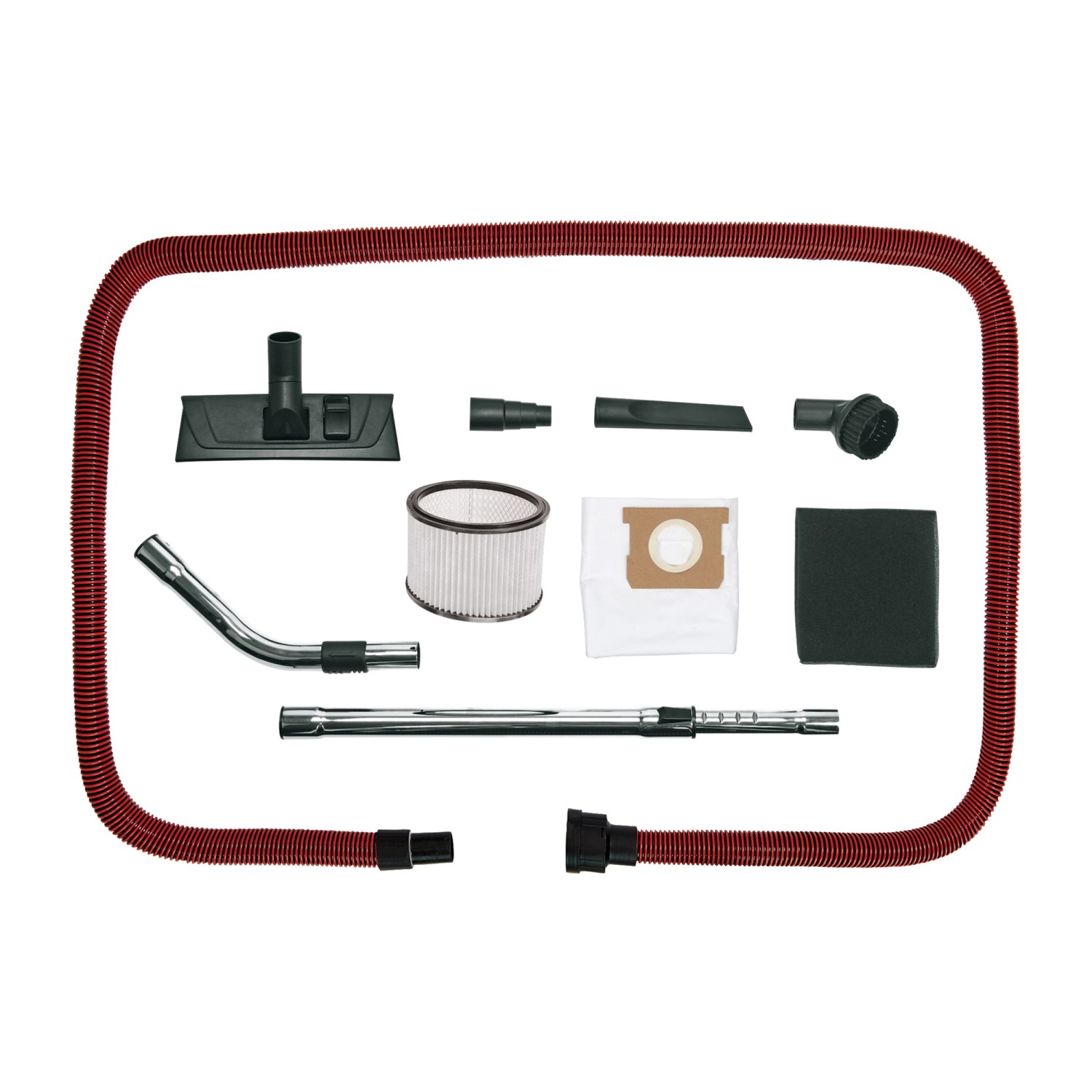 Zubehör für Einhell TE-VC 2340 SACL Nass-Trockensauger: Düsen, Filter, Schlauch und Teleskoprohr.