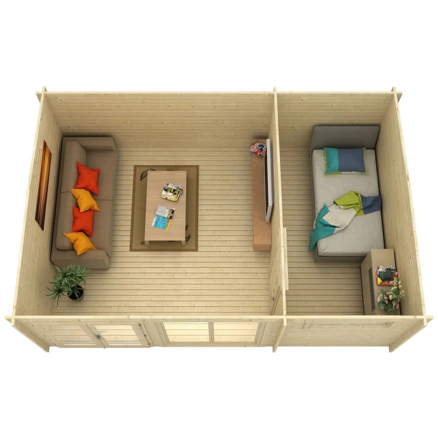 Grundriss Carlsson Gartenhaus Atrium-E mit Pultdach, unbehandelt, eingerichtet mit Wohn- und Schlafbereich.