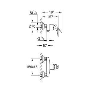 Technische Zeichnung der Grohe Einhand-Brausebatterie BauFlow in Chrom mit Maßangaben.
