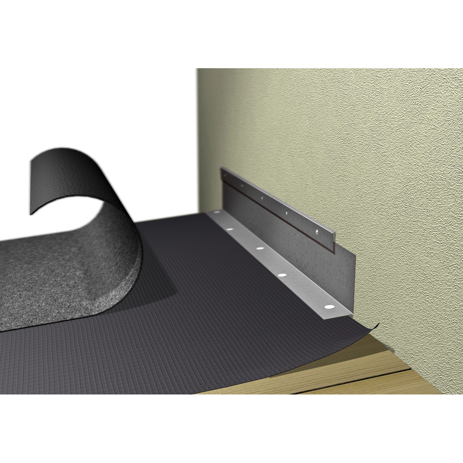 Alufarbenes Winkelblech (250x1000mm) zur Dachabdichtung an einer Wand montiert.