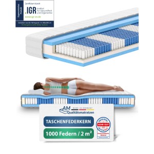 AM Qualitätsmatratze Premium 1000 Taschenfederkern, 120x200 cm, H3, Querschnitt und Nutzungsszene.