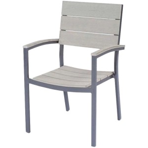 Stapelstuhl der 5-tlg. Sitzgruppe Olivia in Grau mit Nonwood-Lattung und Aluminiumgestell.