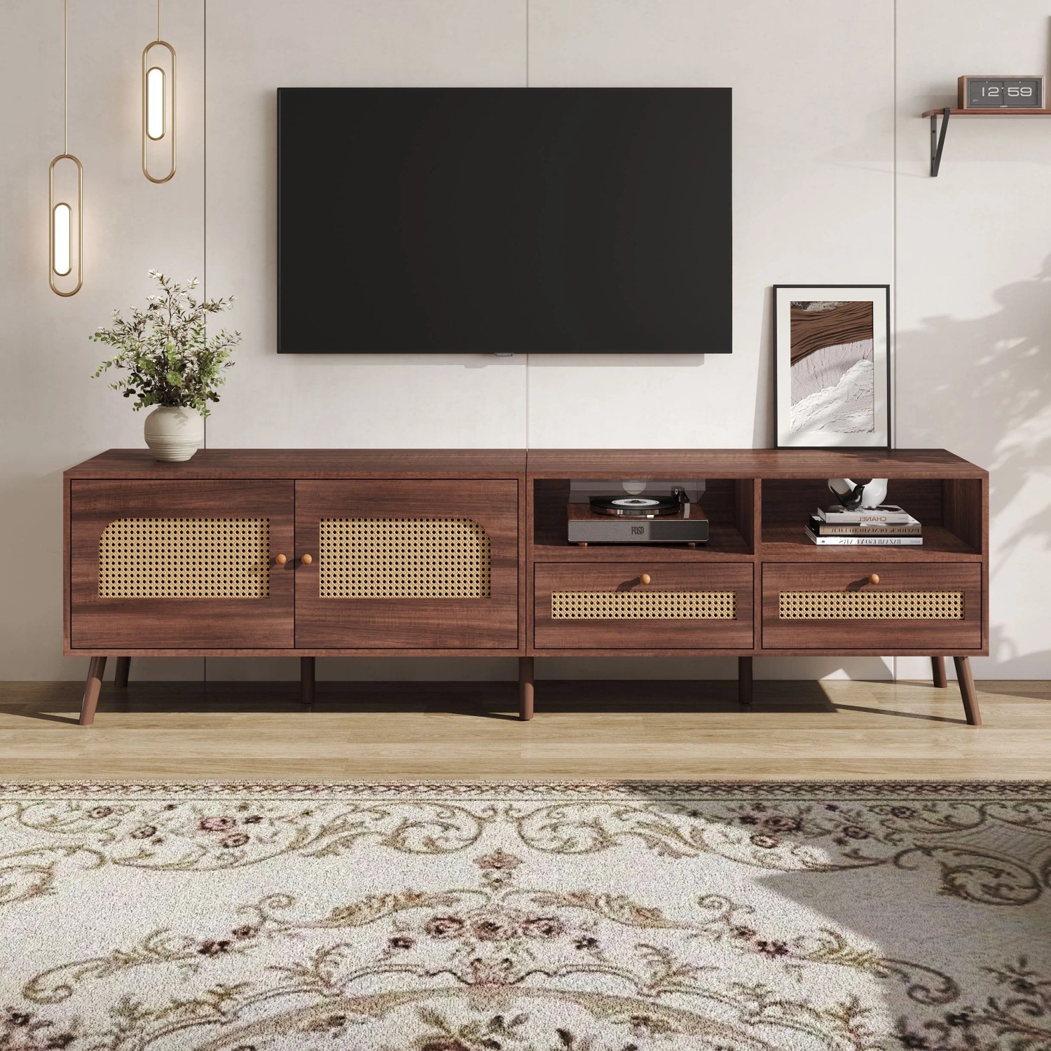 okwish TV Schrank mit Rattan Türen Schubladen Füßen Stauraum 200x37x49.5cm Braun_3