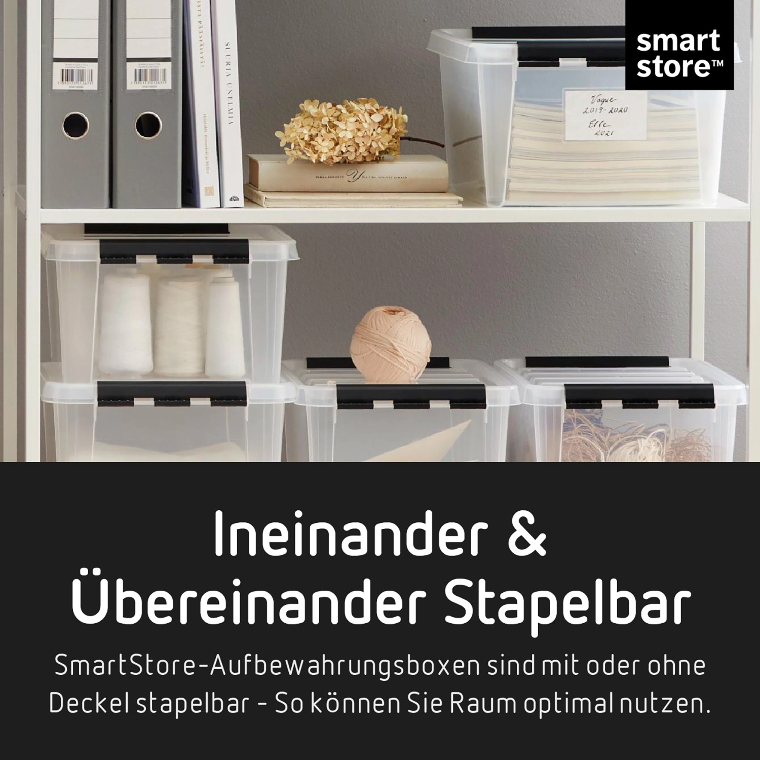 Transparente SmartStore Aufbewahrungsbox Classic 3 l mit Deckel im Regal.