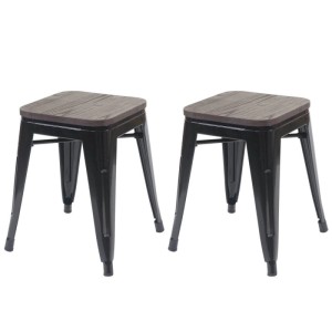 2er Set Hocker, schwarz, mit Sitzfläche aus Ulmenholz. Stapelbare Metallhocker.