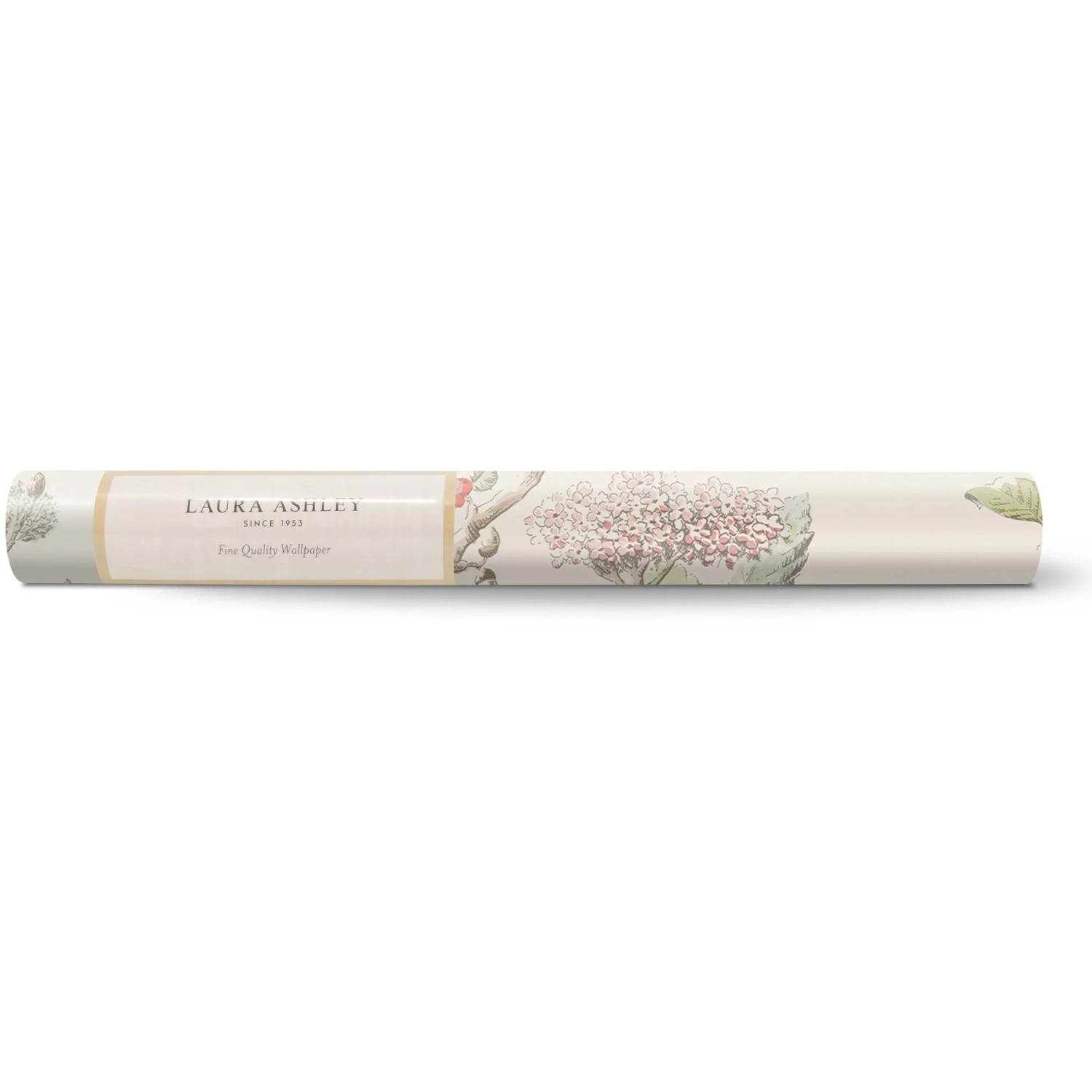 Laura Ashley Vliestapete Elderwood Natural, Rolle mit Blüten-, Beeren- und Vogelmuster.