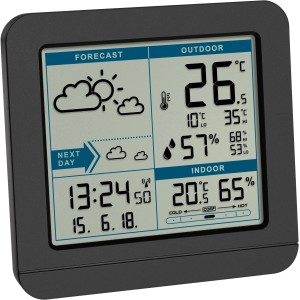 Schwarze TFA Funk-Wetterstation Sky mit Außensender zeigt Innen- und Außentemperatur, Datum, Uhrzeit und Wettervorhersage.