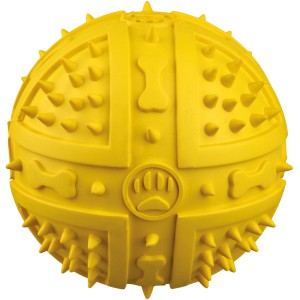 Gelber Jollypaw Ball aus Naturgummi, ø 9 cm, mit Pfotenabdruck und Knochen-Motiv.