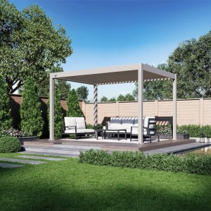 Weide Deluxe Plus Pavillon Terrassenüberdachung 3x4m in Ivory Sand mit verstellbaren Aluminium-Lamellen.