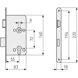 Abus Einsteckschloss TGL Edelstahl, Schema mit Maßen für Montage und Einbau.