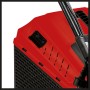 Detailaufnahme des Einhell GC-EM 1032 Elektro-Rasenmähers: Rotes Gehäuse, Start/Stopp-Schalter und Lüftungsschlitze.