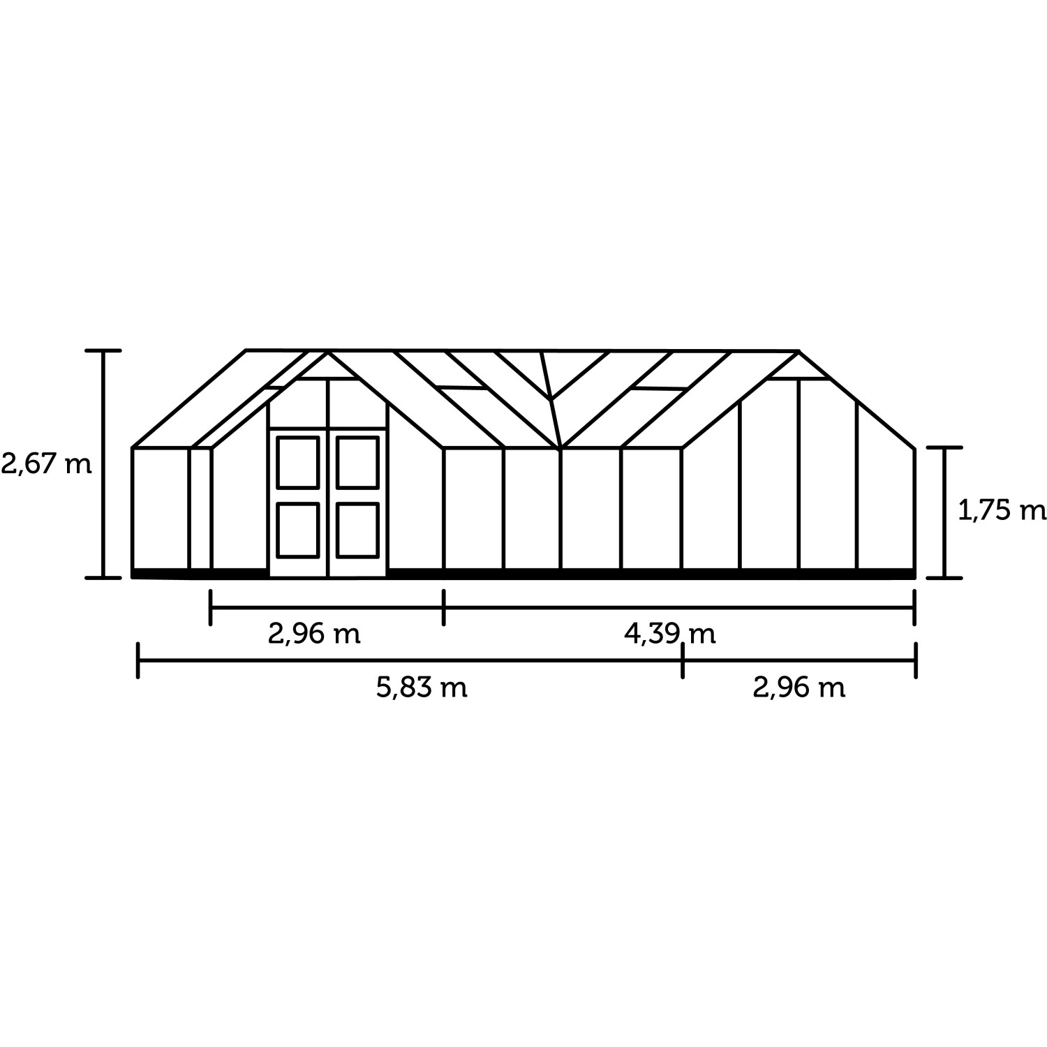 Skizze Juliana Gewächshaus Orangerie 21, Maße: 267x296x583 cm, ideal für Pflanzenaufzucht.
