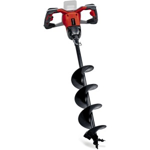 Einhell Akku-Erdbohrer GP-EA 18/150 Li BL-Solo mit rotem Gehäuse und schwarzem Bohraufsatz.