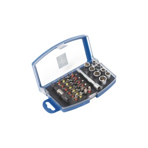 LUX Bit- und Steckschlüsselsatz, 34-teilig, mit Bits, Stecknüssen und Bithalter im blauen Koffer.