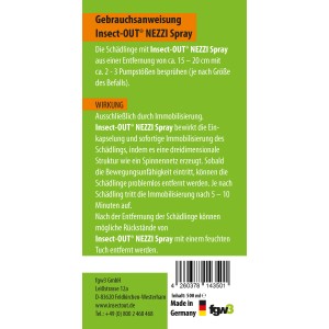 Etikett des Insect-Out Nezzi-Sprays 500ml mit Anwendungs- und Wirkungsbeschreibung.