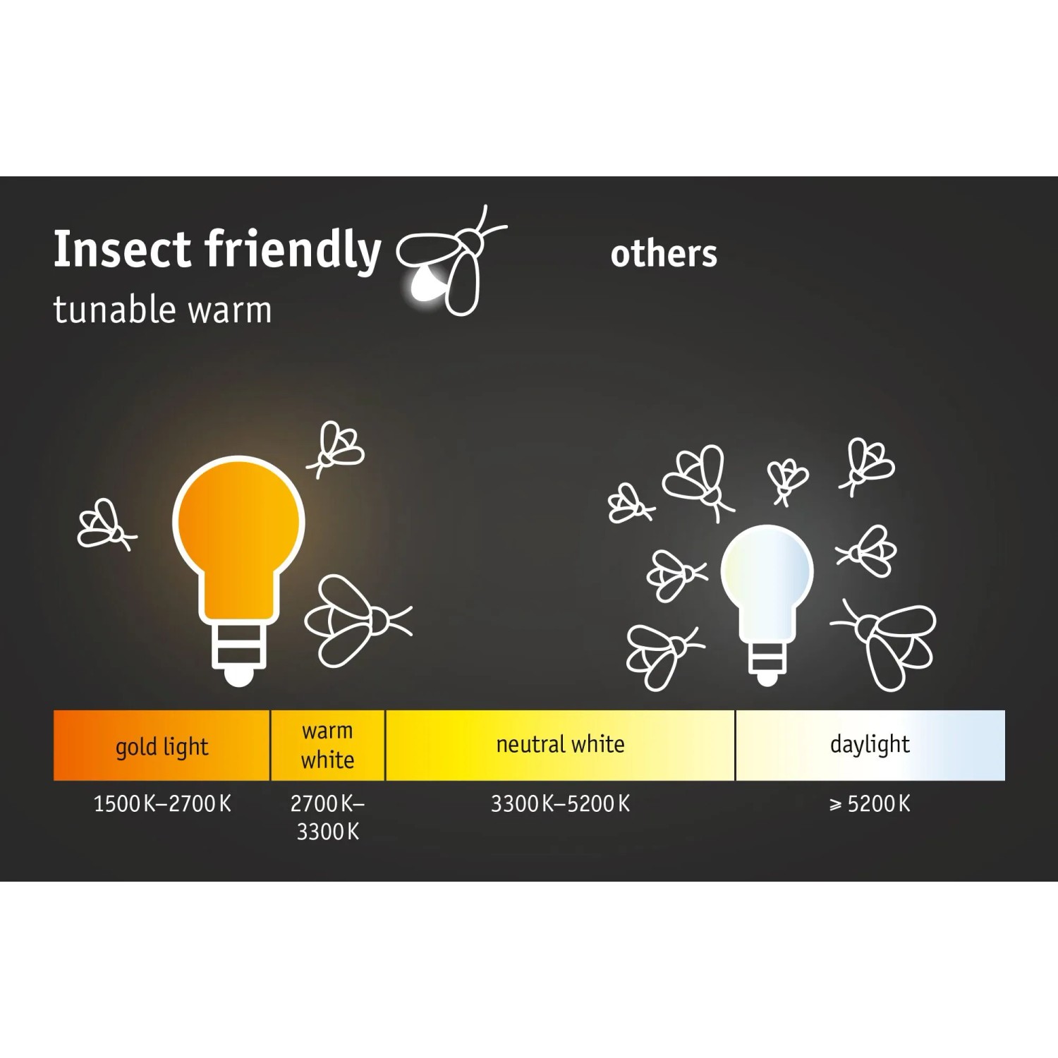 Grafik zur Insektenfreundlichkeit der Paulmann Padea Wegeleuchte durch warmes Licht.