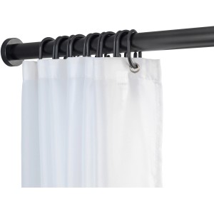 Schwarze, ausziehbare Wenko Teleskop-Duschvorhangstange Luz mit Duschvorhang.