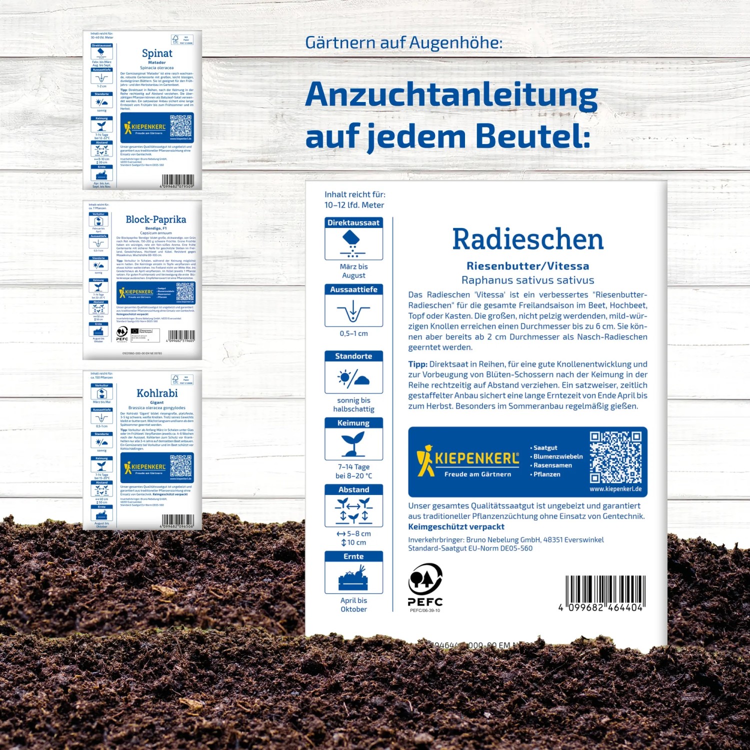 Gemüsesamen-Set für Hochbeet: Spinat, Paprika, Kohlrabi und Radieschen im Beet.