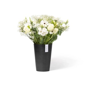 Ecopots Vase Pisa, dunkelgrau, 21x30 cm, mit weißen Blumen. Dekorative Blumenvase für Innen und Außen.