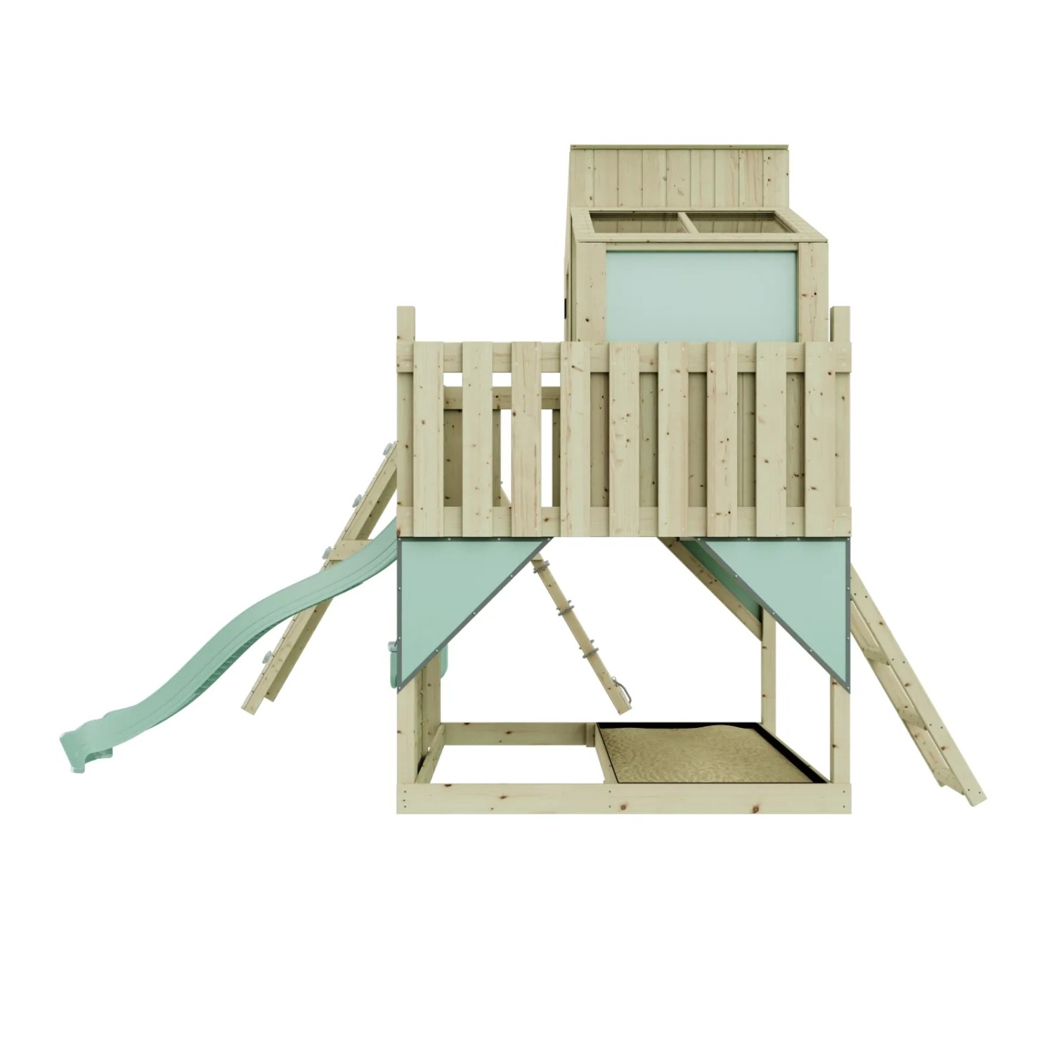 Holz-Spieltürm mit Rutsche und Kletterwand, mintgrüne Akzente.