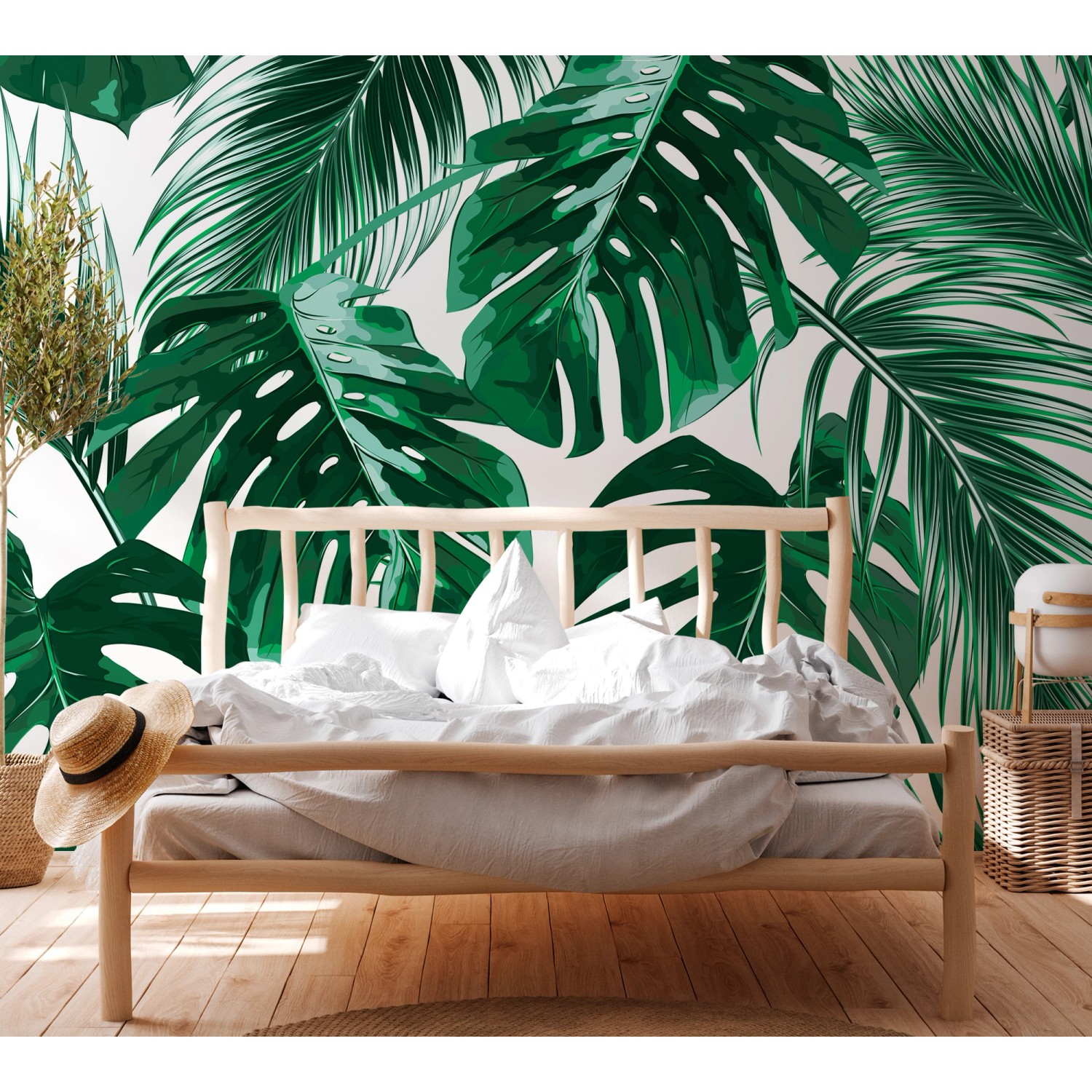 Fototapete mit grünen Palmenblättern im Schlafzimmer, 3,50x2,55m, tropisches Flair.
