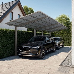 Ximax Carport Linea-60 Tandem im Edelstahl-Look mit zwei parkenden Autos.