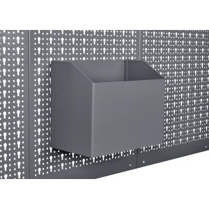 Küpper Ablagebox in Hellgrau an Lochwand für Werkbank-Zubehör.