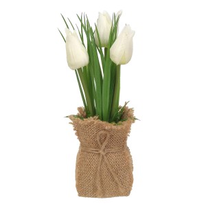 Cremefarbene Boltze Topfpflanze Tulpe, 19cm, im Jute-Topf. Dekorative Kunstpflanze.