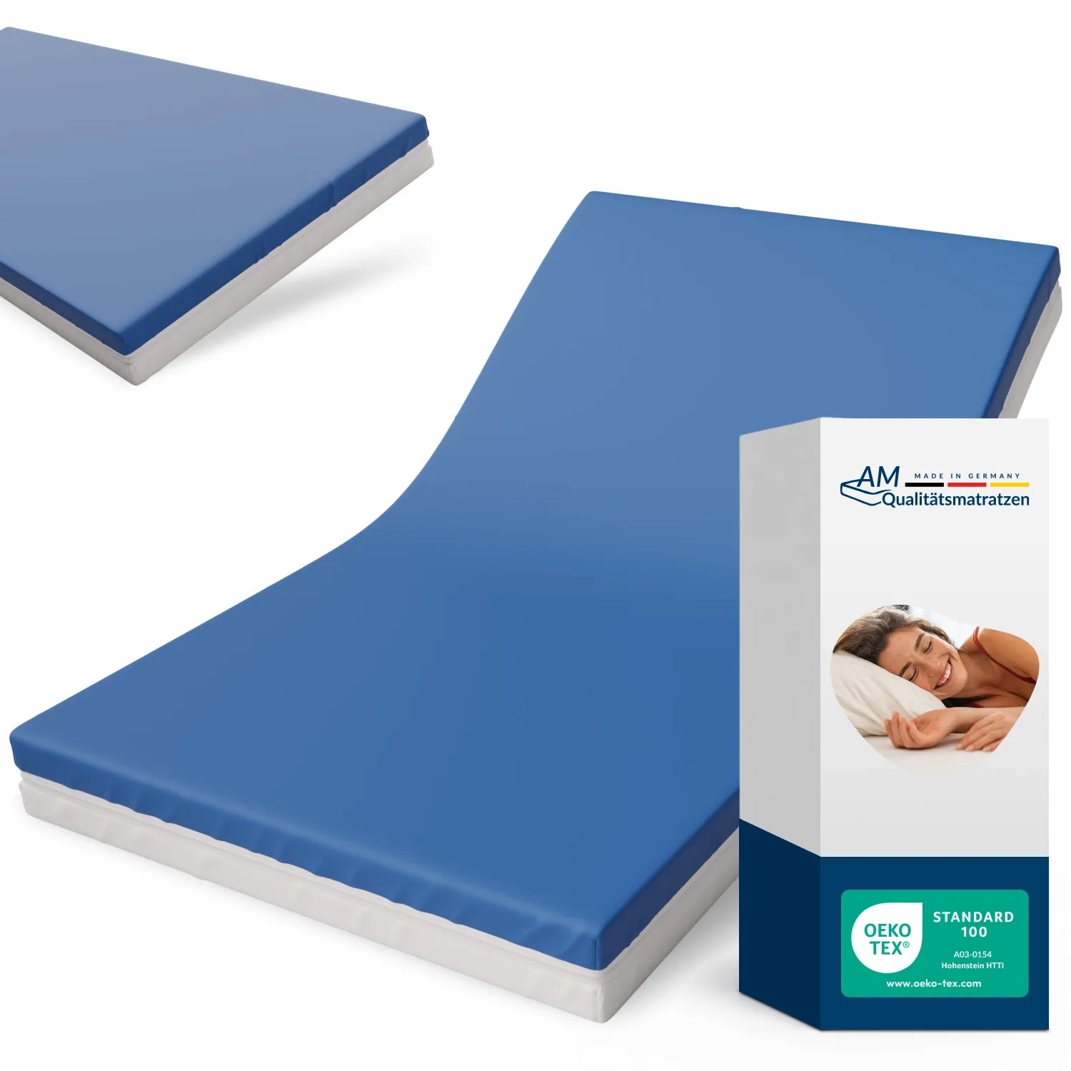 Blaue AM Qualitätsmatratze 90x200 cm zur Dekubitusprophylaxe mit Verpackung.