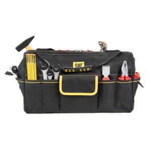 Gefüllte Cat Werkzeugtasche (50 cm) in Schwarz-Gelb. Arbeitsgürtel & Arbeitstasche mit Werkzeug.