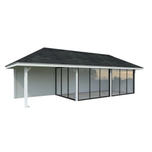 Palmako Pavillon Bianca Set, 876x300 cm, weiß lackiert. Weekendhaus mit Schiebetüren und Glas.