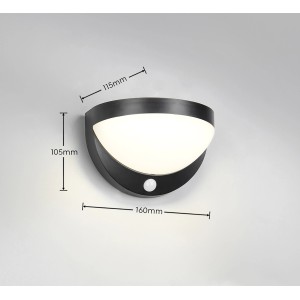 Schwarze Reality LED Solar-Wandleuchte Cobre mit Bewegungsmelder und Maßangaben.