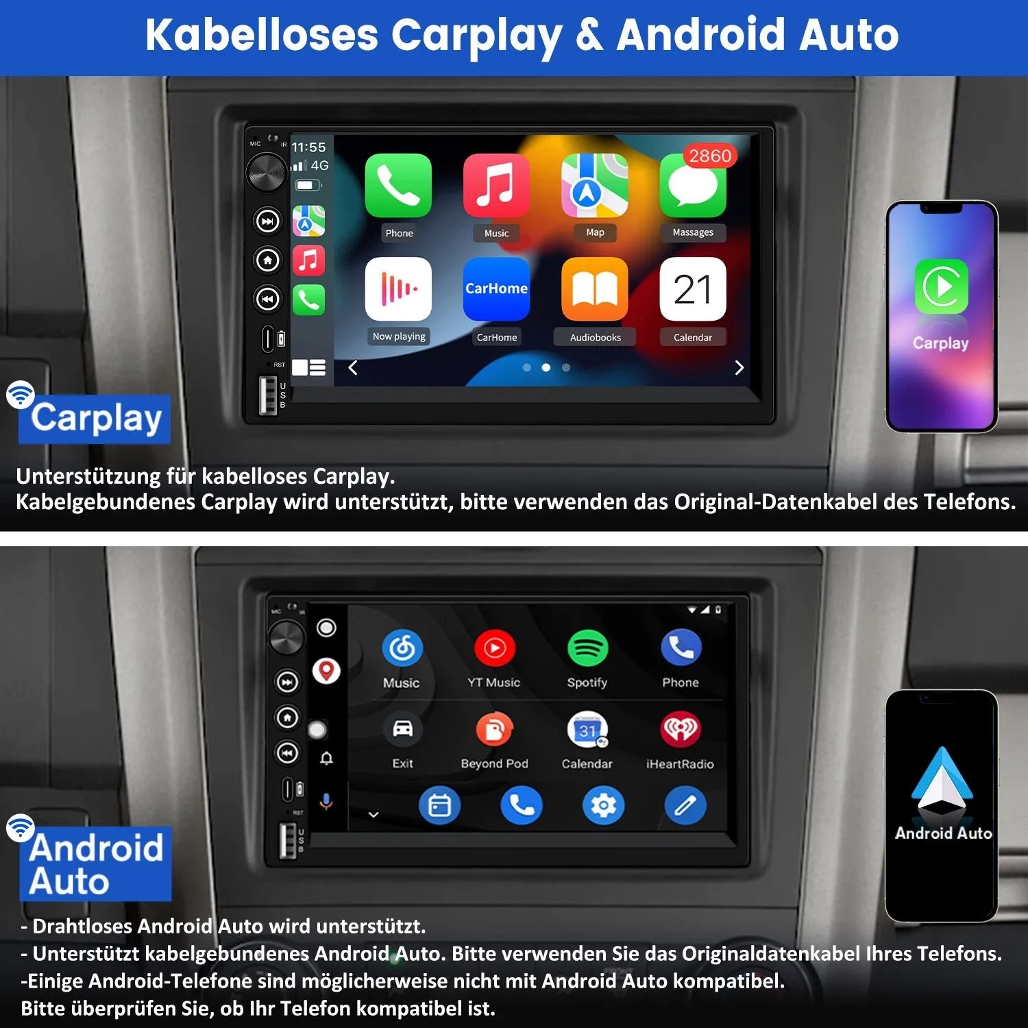 JUNSUN CARPLAY 7 Zoll Doppel DIN Autoradio mit Android Auto IPS Touchscreen 1024x600 Drehknopf Bluetooth FM_3