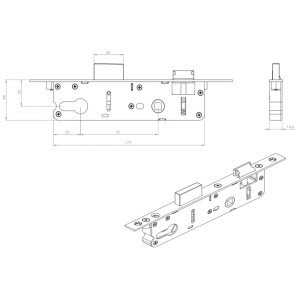 Skizze: Nebeneingangstür-Einsteckschloss für K301/301-88, Dornmaß 30mm, DIN wechselbar.