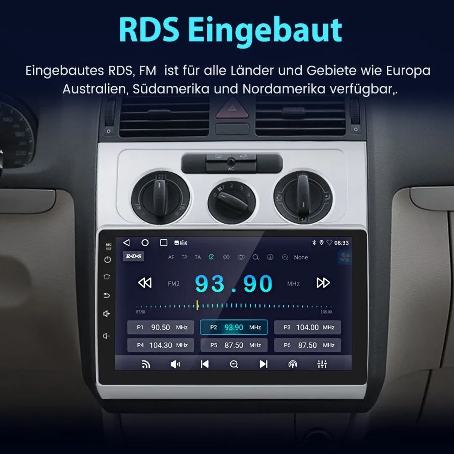 Junsun Autoradio mit 10-Zoll Touchscreen im VW Touran Armaturenbrett, zeigt RDS Radio mit 93.90 MHz Frequenz.