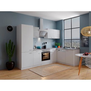 Respekta Winkelküche in Weiß und Beton-Optik mit E-Geräten und Spüle.