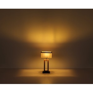 Globo Wandlampe Ossi, schwarz-matte Wandleuchte mit Textilschirm und Holzoptik.