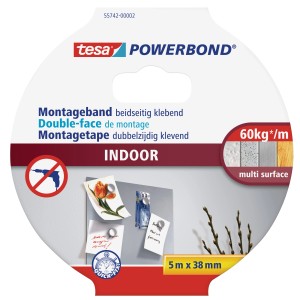 Tesa Powerbond Montageband Indoor, 5 m x 38 mm, für Kacheln, Putz, Holz und Kunststoffe.