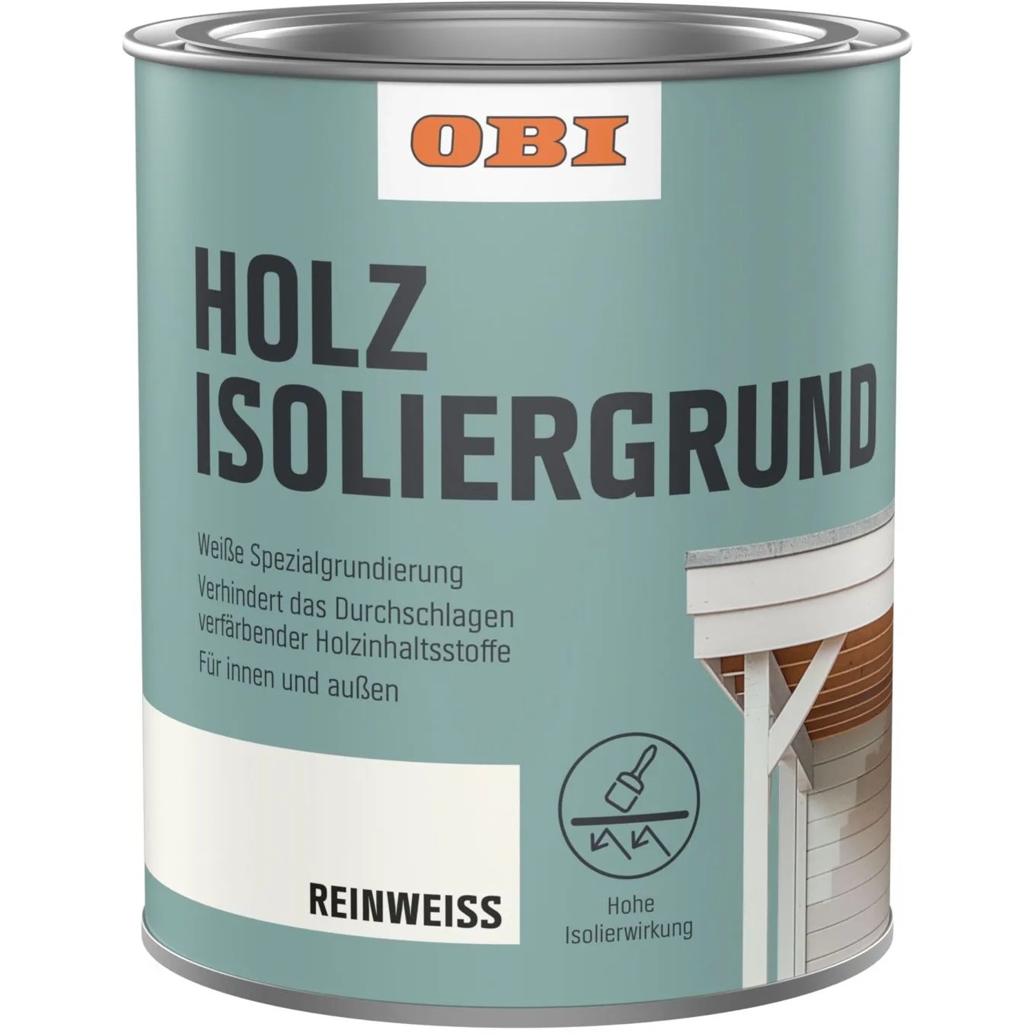 Dose OBI Holz-Isoliergrund Weiß 2,5l für Innen & Außen. Spezialgrundierung gegen verfärbende Holzinhaltsstoffe.