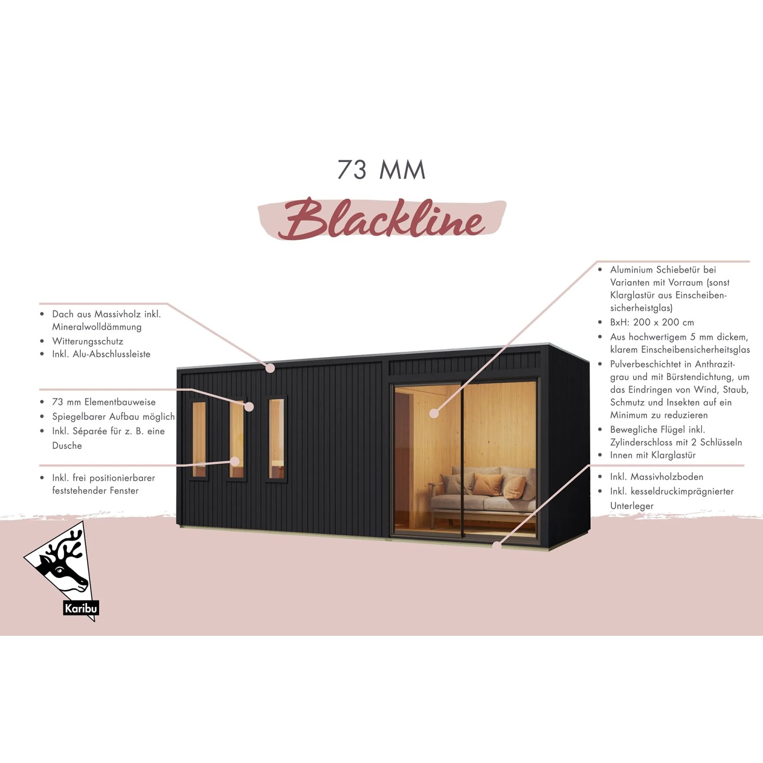 Schwarzes Karibu Saunahaus "Huelva" mit Vorraum, 9 kW Bio Ofen und großem Fenster.