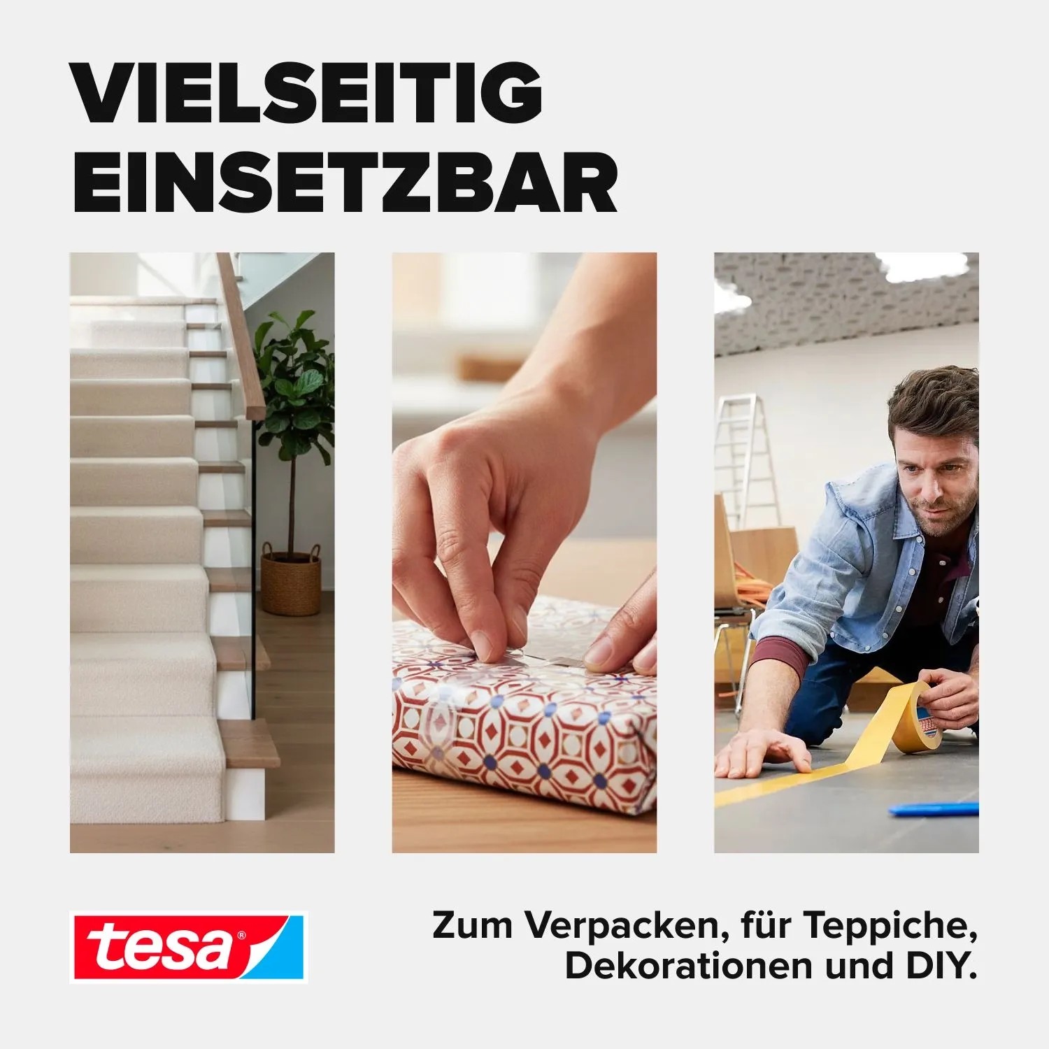 tesa Doppelseitiges Klebeband: Teppich auf Treppe, Geschenk verpacken, Boden befestigen. Vielseitig für DIY.